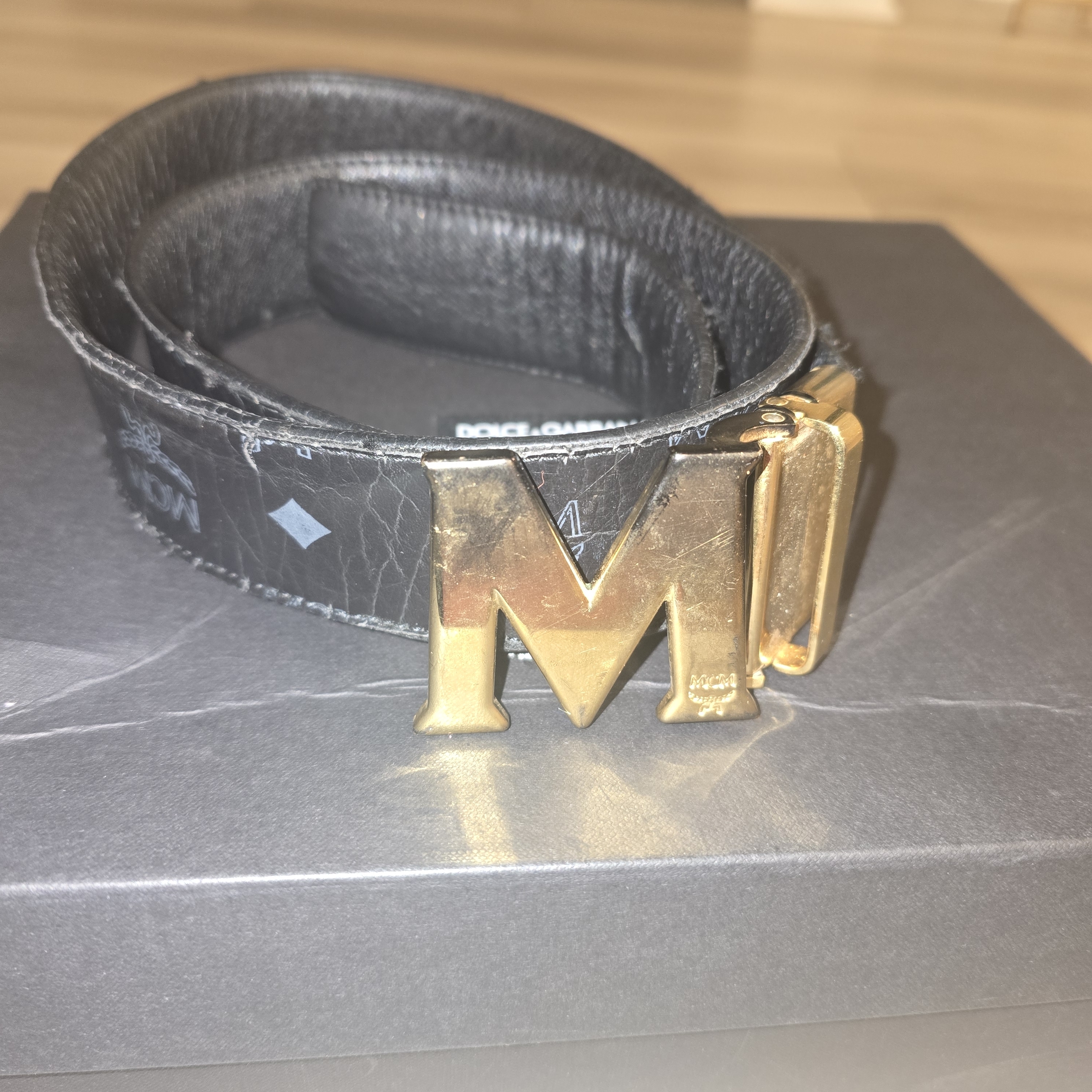 Mcm Black Belt With Gold M Buckle